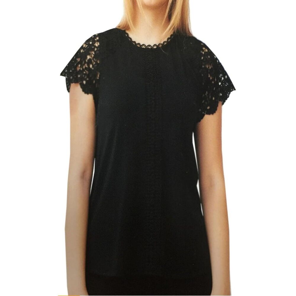 Cable & Gauge Women Top Crewneck Lace Trim Short Flutter Sleeves Black Size L